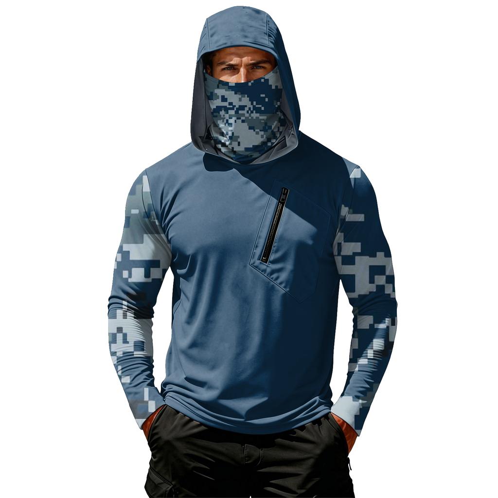 Men's Casual Camouflage Print Hooded Long Sleeve Sun Protection Shirt Lightweight Breathable Outdoor Activewear