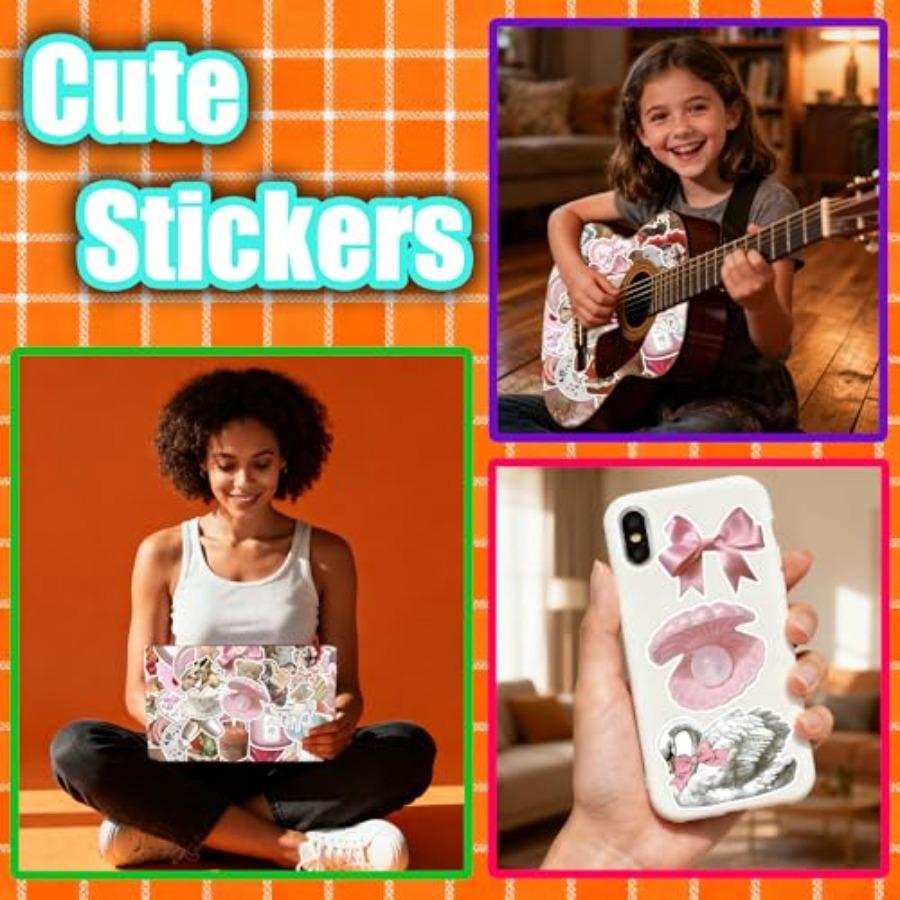 60pcs Coquette Stickers for laptops water bottles phones guitars; vinyl waterproof pink aesthetic stickers with cute design