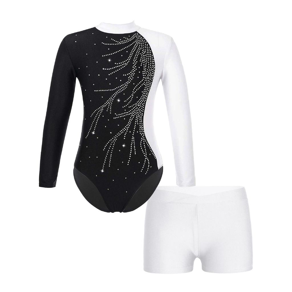 Kids Girls Gymnastics Skating Long Sleeve Leotard Jumpsuit with Shorts Dancewear