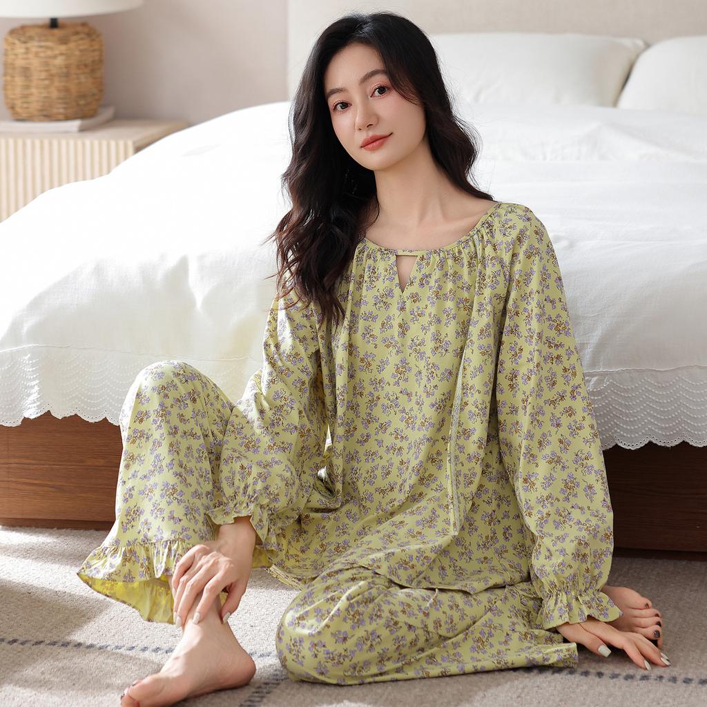 Women's pajamas pure cotton comfortable and simple thin spring and autumn cotton long-sleeved trousers cardigan loungewear can be worn outside set