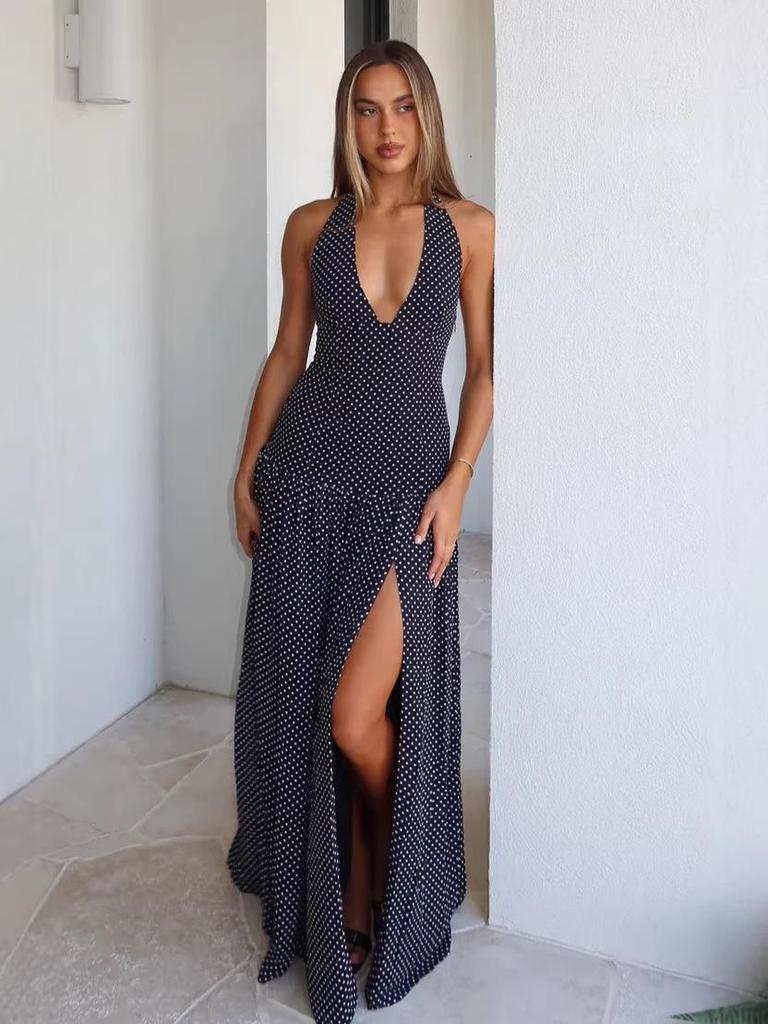 2026 Summer Polka Dot Backless V-neck Dress with Slit and Cinched Waist for Women