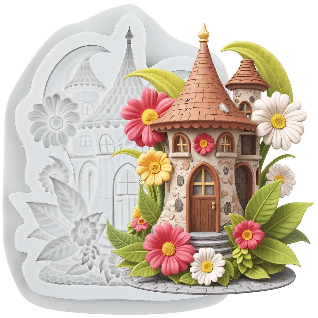 Fairy Garden House Silicone Mold Fairy Garden Rose House Fondant Molds Cake Decorating Tools Cupcake Topper Candy Sugar Craft Gum Paste Polymer Clay