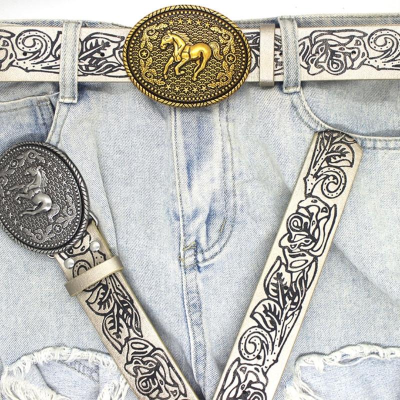 Floral Engraved PU Belt for Jeans Women Vintage Horse Pattern Buckle Waist Belt