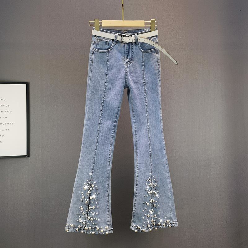 

Европейская станция Разрез Высокая талия Облегающие Брюки, подчеркивающие фигуру, с бисером Light Blue S