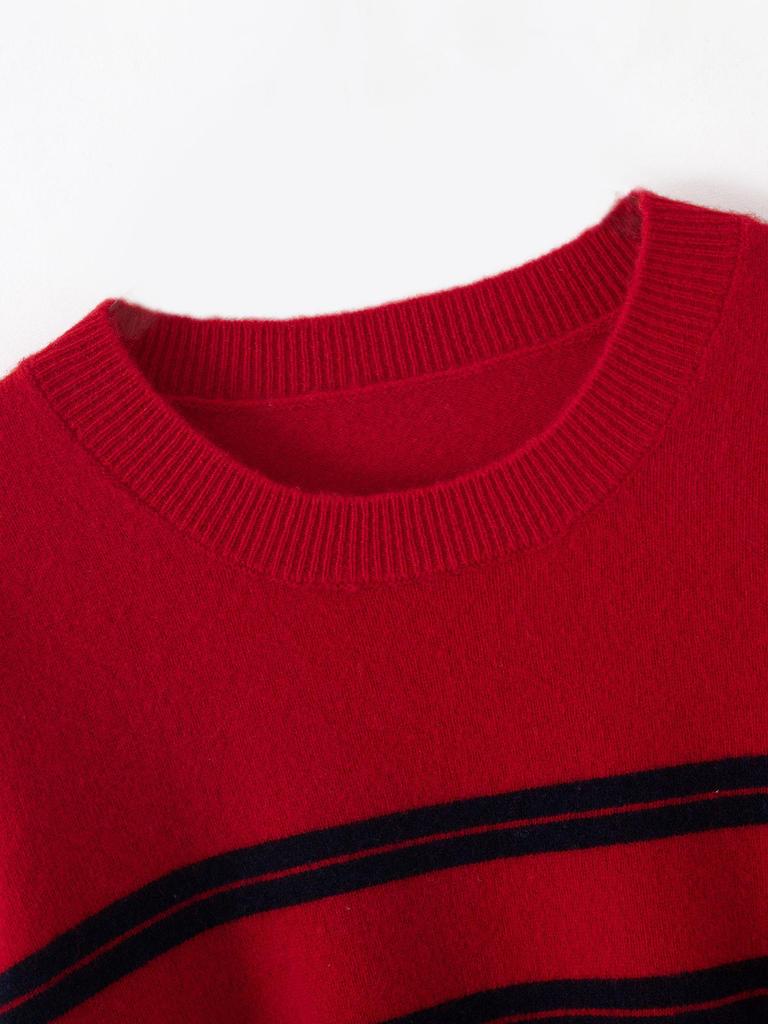 Women's 100% Pure Wool Color Block Stripe Round Neck Sweater - Warm, Casual Knitwear for New Year