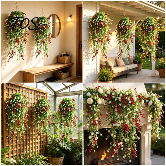 Indoor Home Ornament for Festivals Artificial Hanging Vines with Red Berries, Realistic Plastic Cascading Greenery Plants, Lifelike Plants Office
