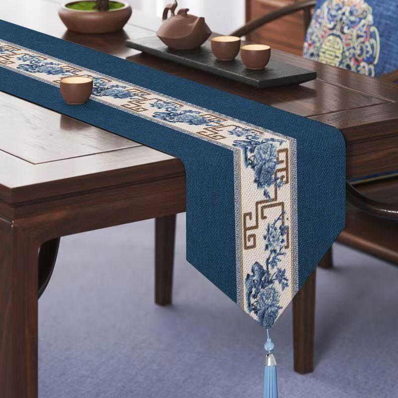 Chinese Style Table Flag Waterproof Oil Resistant Tassel Table Runner Tea House Tea Towels Zen Tea Table Cloth Hotel Bed Flag