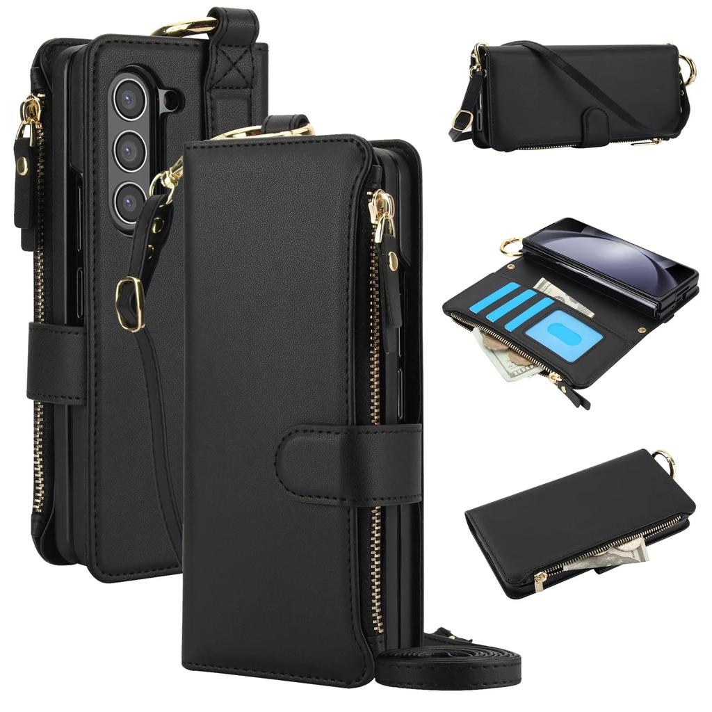 Crossbody Leather Phone Case with Card Holder Zipper Wallet Wristband for Samsung Galaxy Z Fold 7 6 5 4 3 Kickstand Cover