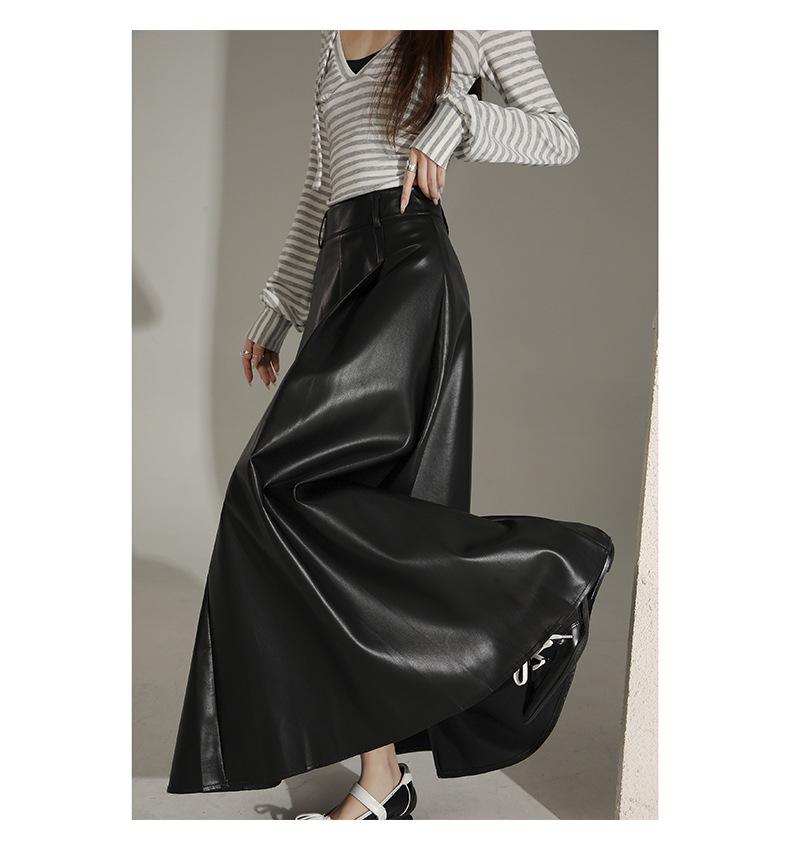 Women's High-End Retro Black PU Leather Pleated Midi Skirt - New Autumn/Winter Slim Fit, Large Swing Umbrella Style