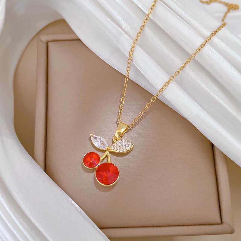 Gold Color Sweet Red Crystal Cherry Pendant Necklaces for Women Girls Stainless Steel Chain Cute Jewelry Accessories Gifts