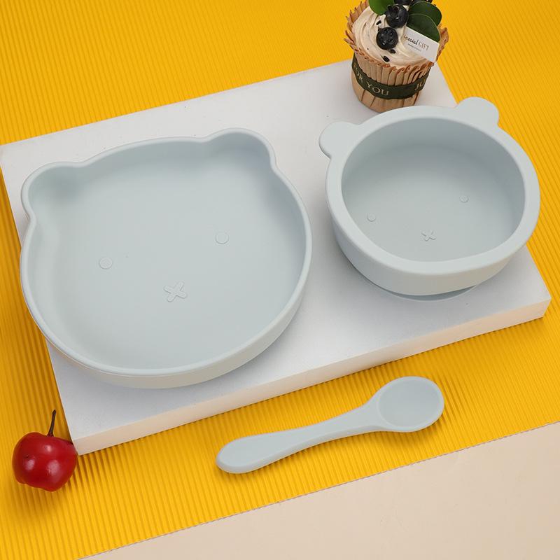 Little Bear Children's Silicone Tableware Set: Anti-Fall Bowl, Plate, and Spoon