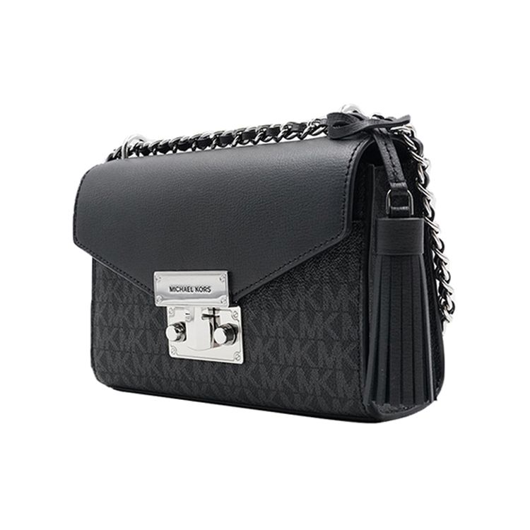 Michael Kors MK Rose Vintage Floral Print Tassel Chain Flap Commuter Leather Shoulder Crossbody Bag Medium Women Bags Black 35T0SXOC1B-001
