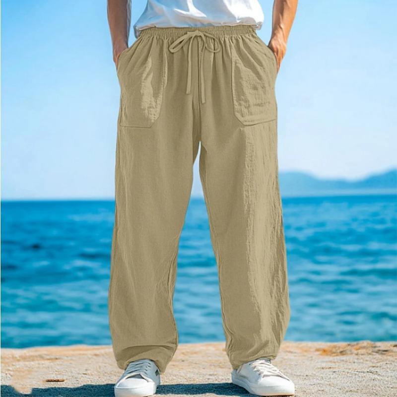 Men Linen Casual Pants Elastic Drawstring Waist Loose Wide Leg Side Pockets Summer Beach Long Trousers