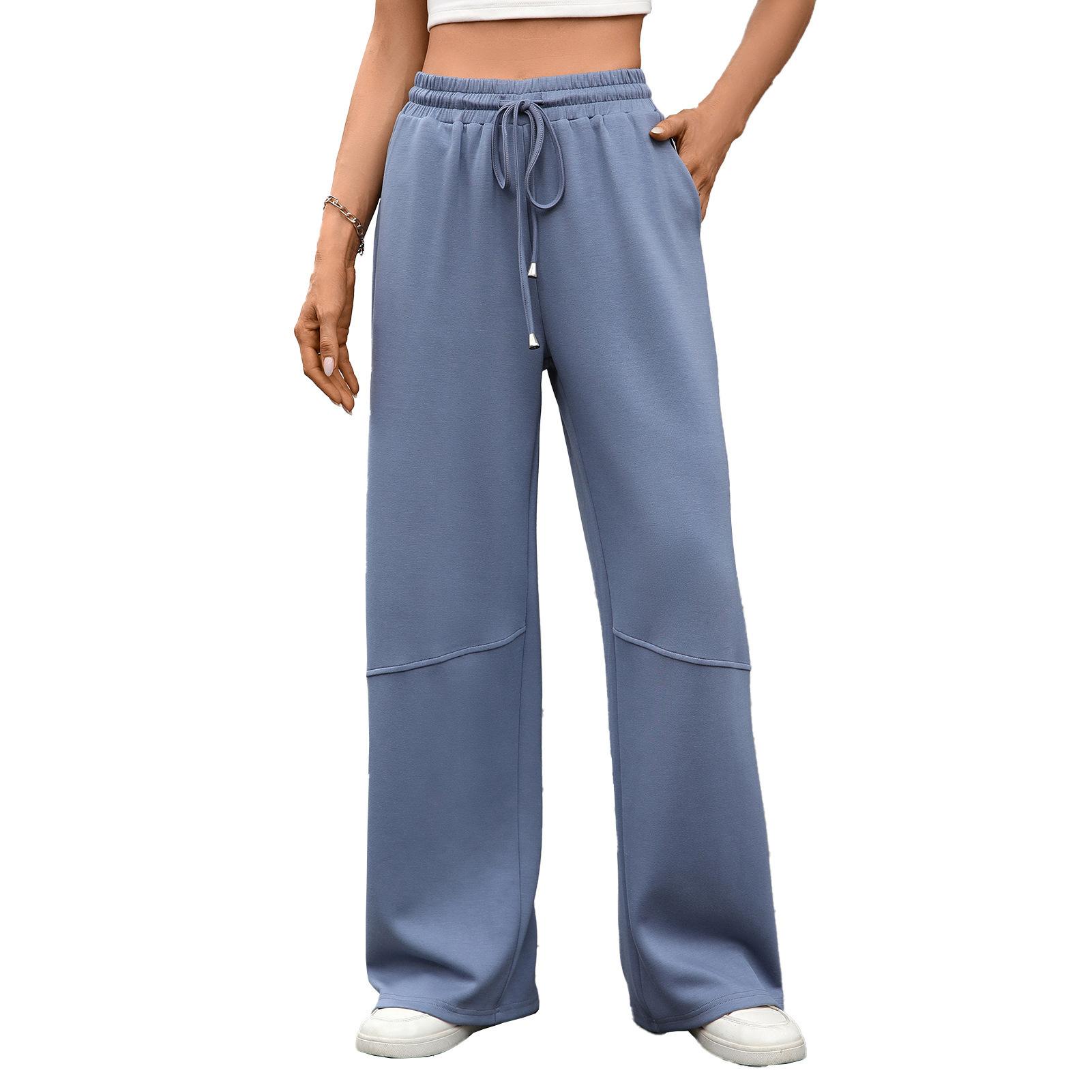 

High Waist Wide Leg Casual Pants with Drawstring and Side Pockets in Light Blue, Burgundy, Army Green, Brown, Black XXL синий