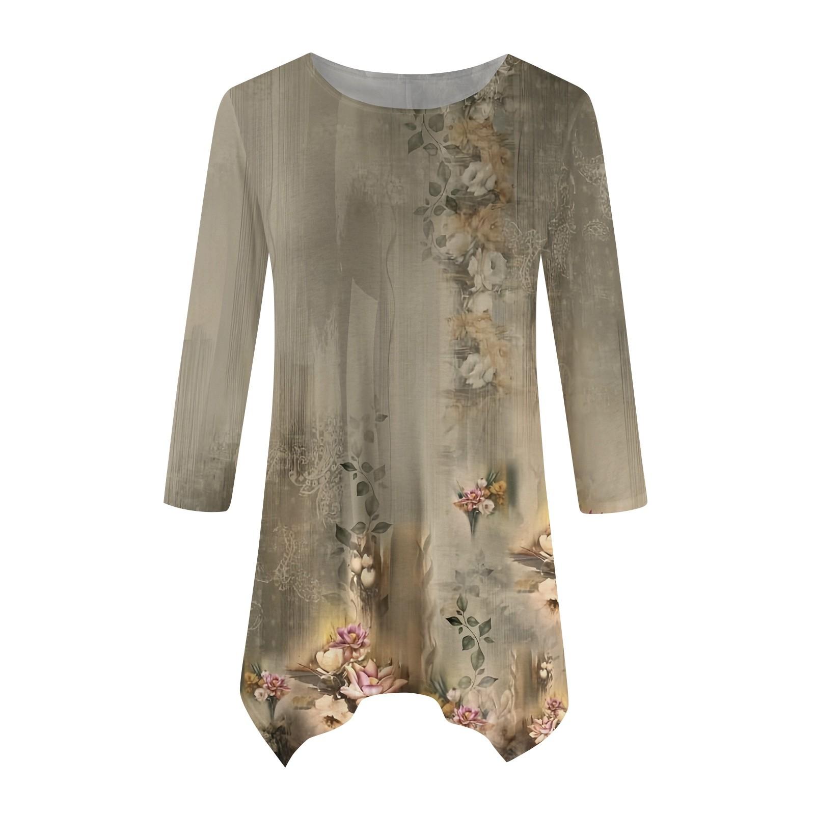

Женская модная повседневная рубашка с круглым вырезом и цветочным принтом, рукавами-семью, свободным удобным топом с поясом L армия зеленый