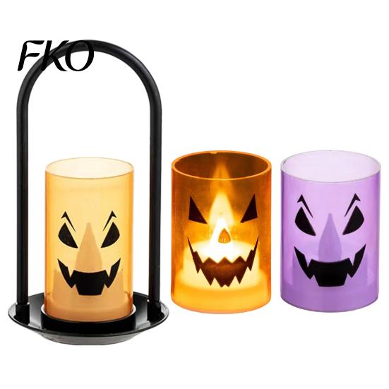 Flameless Ghost Lantern Halloween Face Candle Light, Battery Powered LED Lamp, Portable Iron Handle Lamp Detachable Decorative Light for Home