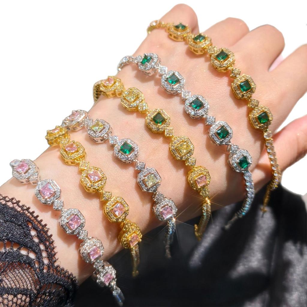 High-end Simulation Color Tourmaline Princess Square Full Diamond Bracelet Femininity Fashion Jewelry
