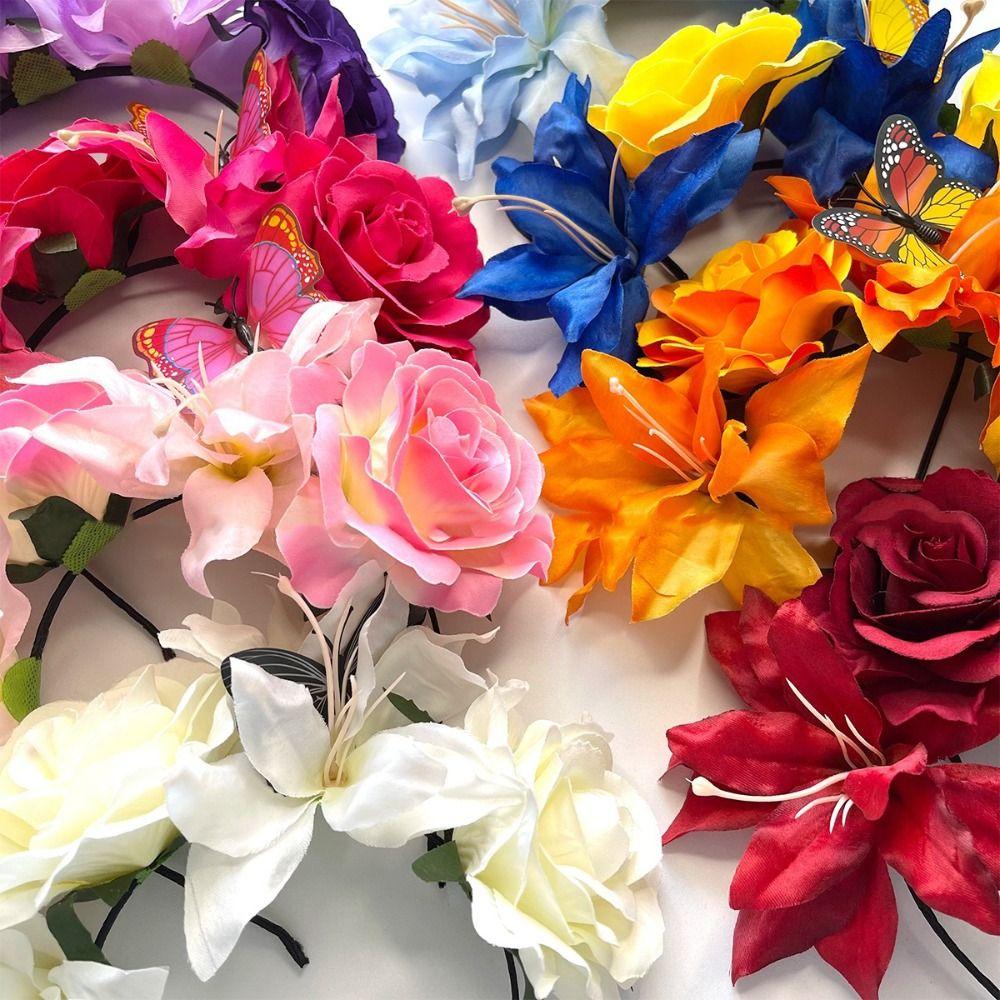 Butterfly Design Flowers Headband Handmade Rose Flower Crown  For Women Girl