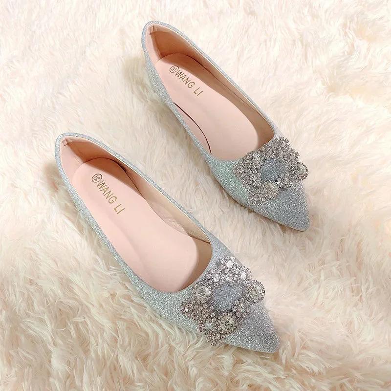 Wedding Shoes Woman Square Buckle Crystal Pointed Toe Flats Glitter Shallow Slip On Comfy Loafers Bling Bling