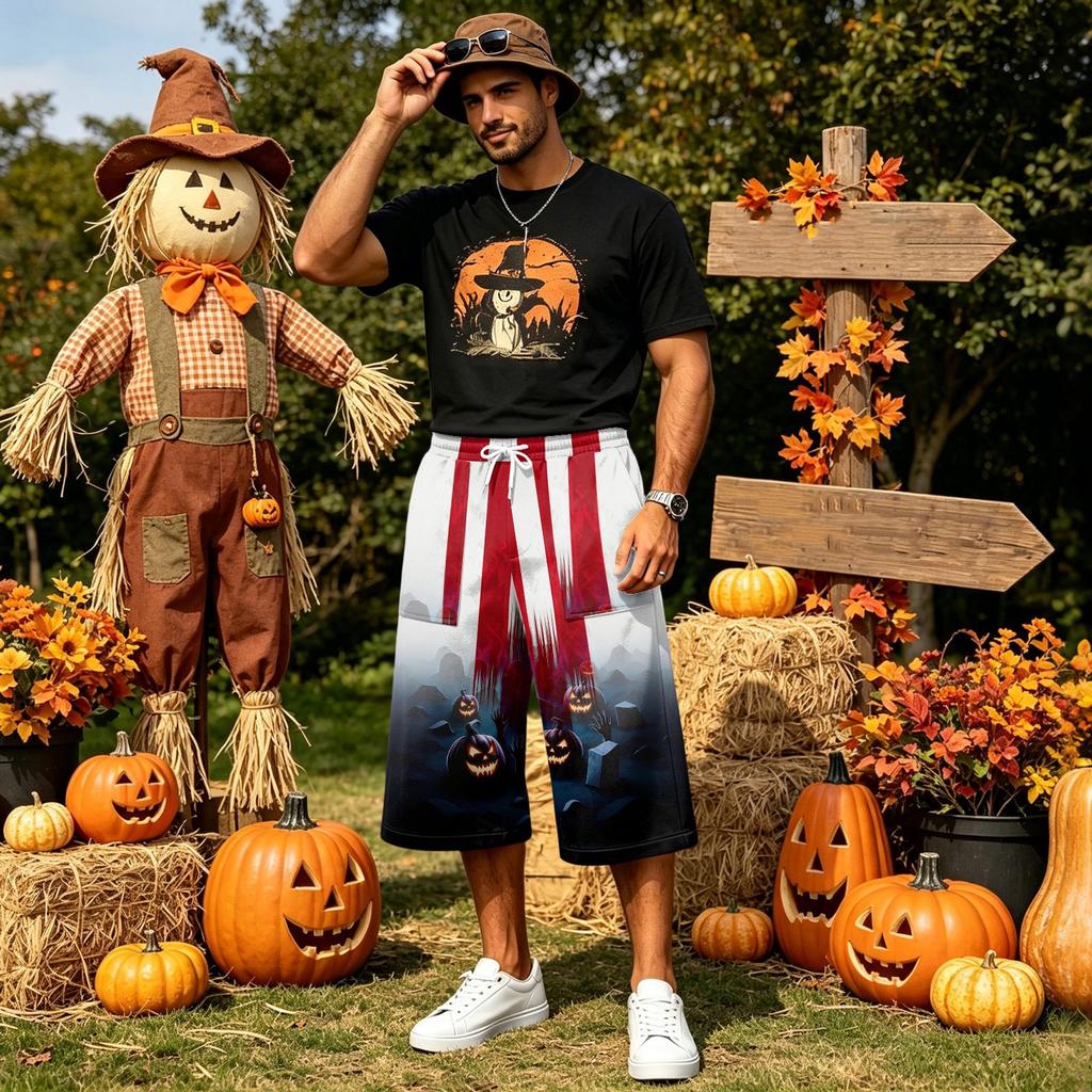 Men's Loose Fit Casual Shorts with Large Pockets Halloween Print