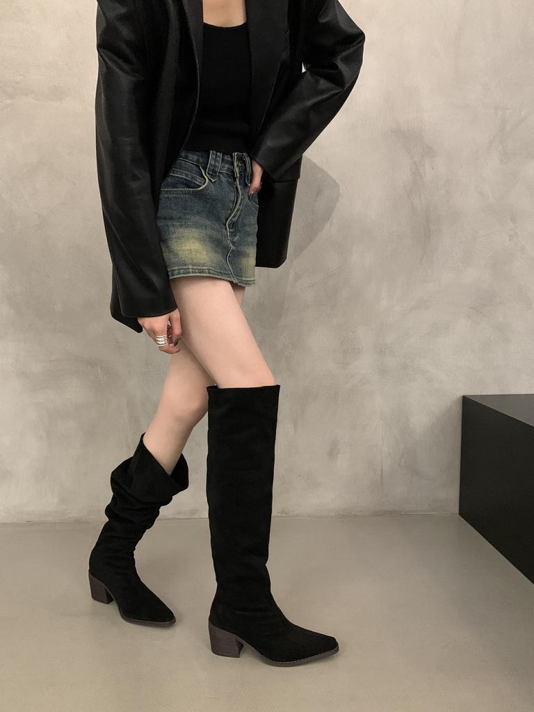 Vintage High Heel Suede Western Medium Boots Women's Season Fleece Pointed Pile Long Knight Boots