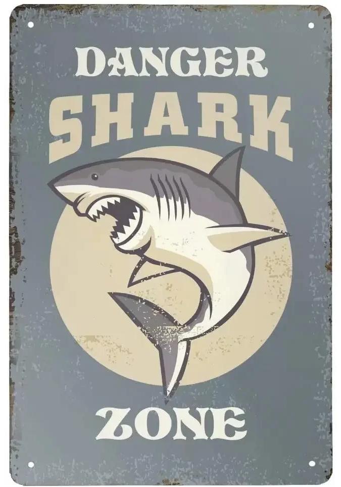 Danger Zone Requins Plaque Métallique Vintage Boîte Man Cave pour Hommes Femmes Décor Mural pour Bars Restaurants Cafés Pubs 12x8 Pouces