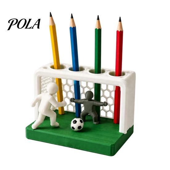 Smooth Surface Pencil Cup Soccer Goal And Player Figure Pen Holder, 3D Printed Sports Durable Organizer Theme 4 Hole Desktop for Home, Office