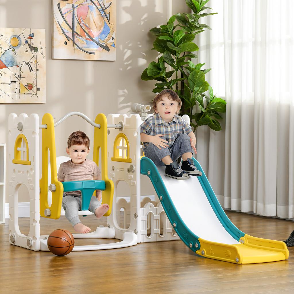 6-in-1 Swing and Slide Set, Kids Playground with Basketball Hoop, Telescope, Storage Space - Yellow