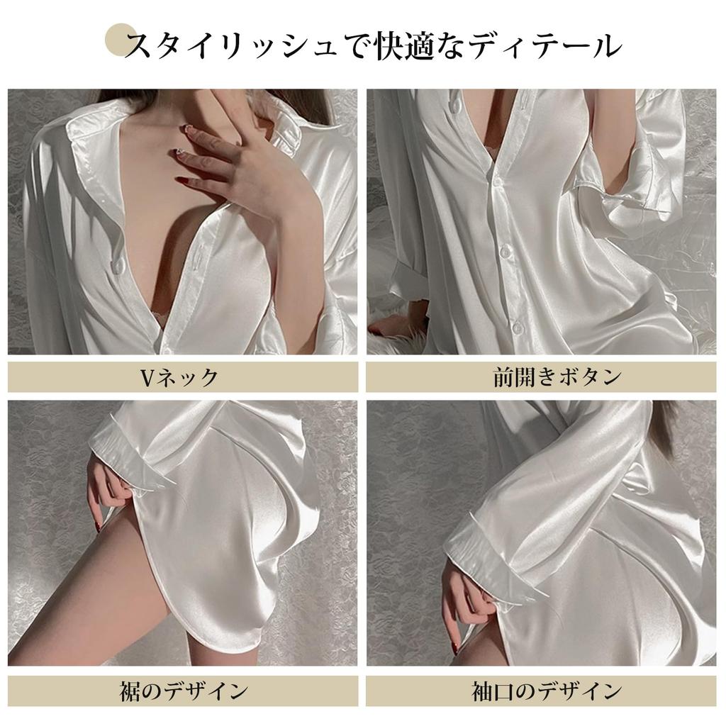 Loungewear Satin Morgenmantel x Spitzärmel Knopfleiste Manschette Zarte Spitze Schlicht [R6seven] Damen Set, Material, Shorts, 5/8 Hemd, Verschluss, Knöpfe,