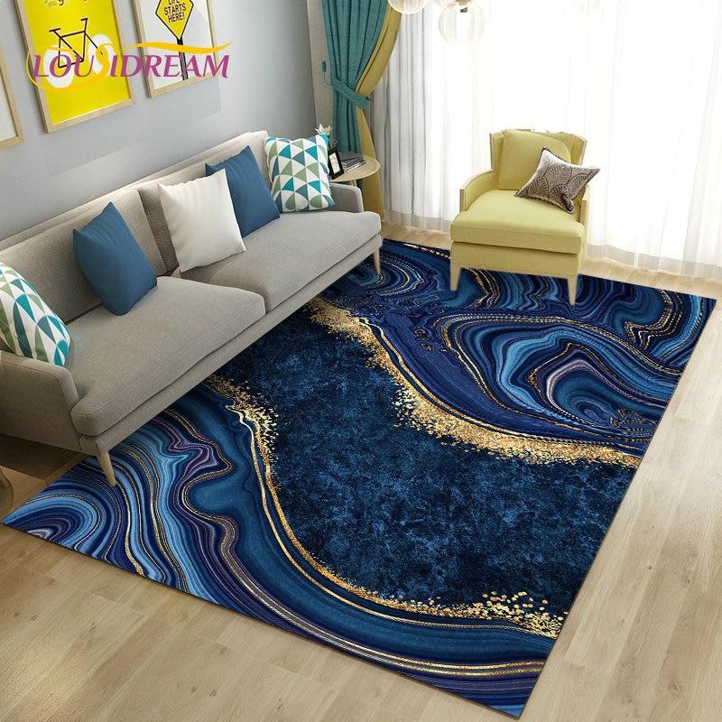 Nordic Marble Texture Goldren Cyan Area Rug Large,Carpet Rug for Living Room Bedroom Sofa Doormat Decor,Kid Non-slip Floor Mat