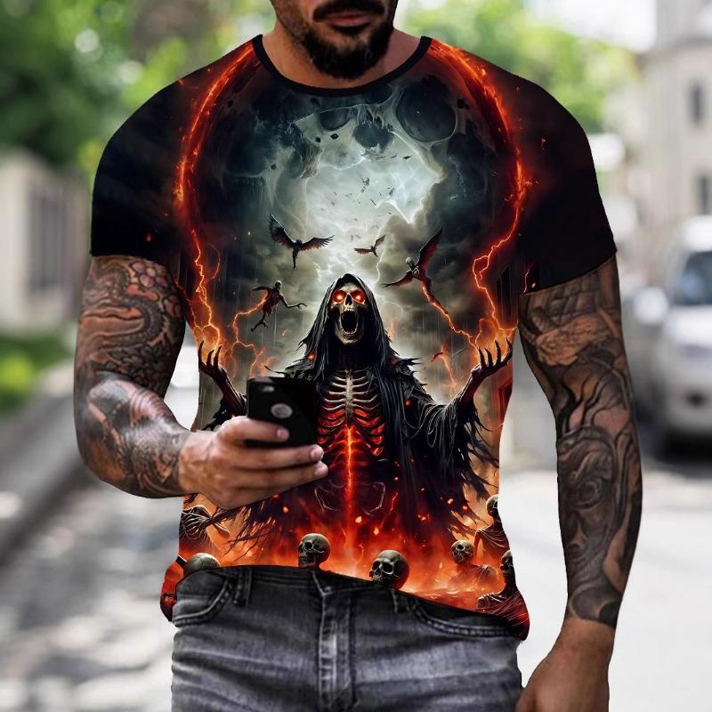 Mens Summer Clothing 3D Printed Skull Graphic T Shirts Round Neck Short Sleeved