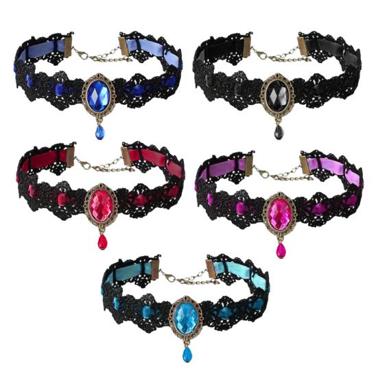 Vintage krajkový náhrdelník Gotický choker s oválným umělým drahokamem Dámský krajkový choker pro Cosplay Denní nošení Kostýmové večírky