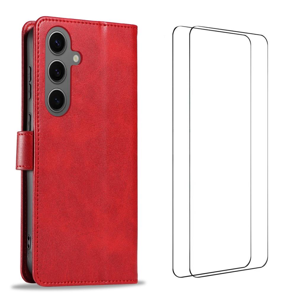 For Samsung Galaxy S25 Case with 2Pcs Tempered Glass WANLONFENG WN Series Calf Texture Leather Phone Cover Big Cutouts