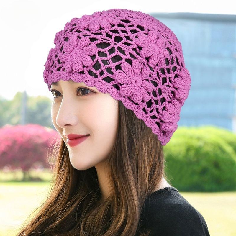 

Женская однослойная шапка из шерсти ручной вязки крючком, сетчатая, ажурная, дышащая, тюрбан с цветком, для улицы