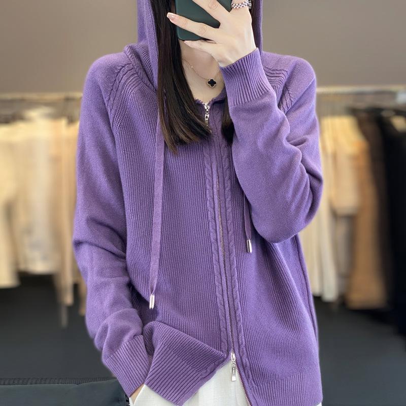 Autumn and Winter Hooded Casual Knitted Cardigan Simple Fashion Style Loose Knitted Sweater