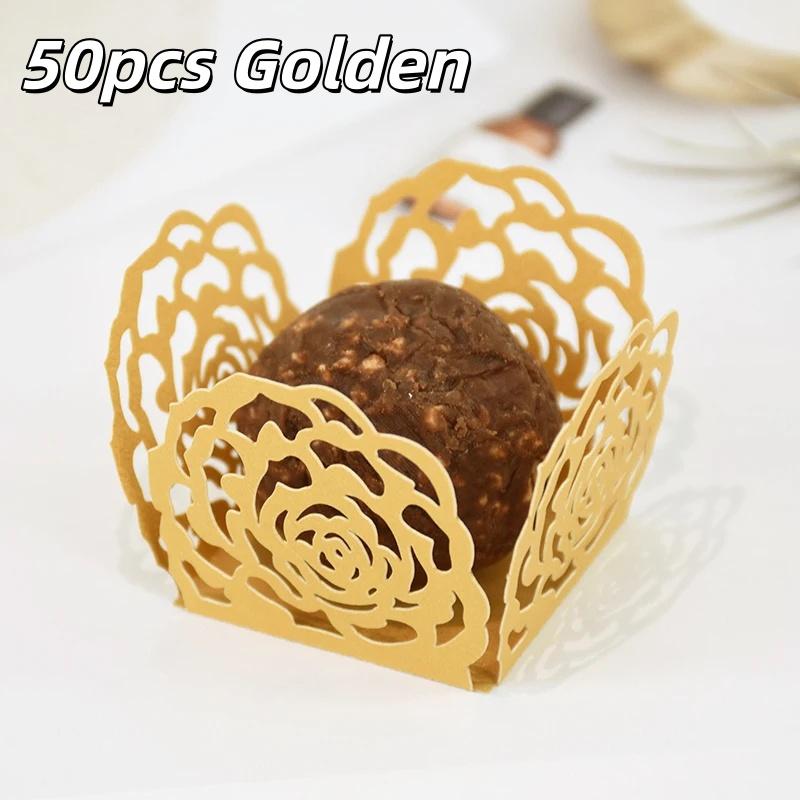 50pcs Chocolate Packing Hollow-Out Rose Baking Dessert Tray Paper Candy Paper Box For Wedding Birthday Party Decoration Supplies