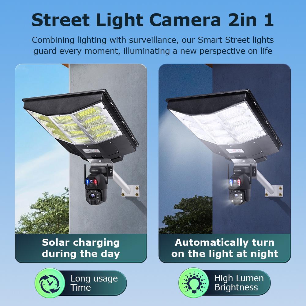6MP Outdoor Solar Street Light Camera, 20X Zoom, Full Color Night Vision, PTZ, Dual Picture