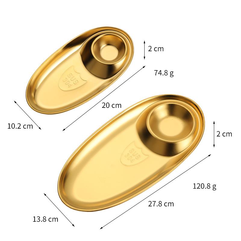 Snack Dish Dumpling Plate Golden Oval Dipping Saucer 304 Stainless Steel Tray Fries Plate Salad Dish Barbecue Seasoning Plate