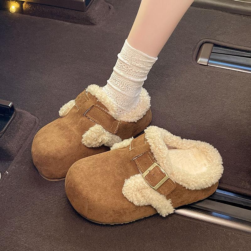 Half slippers with velvet bean shoes cotton slippers for women in autumn and winter 2025  new retro thick soled Boken slippers
