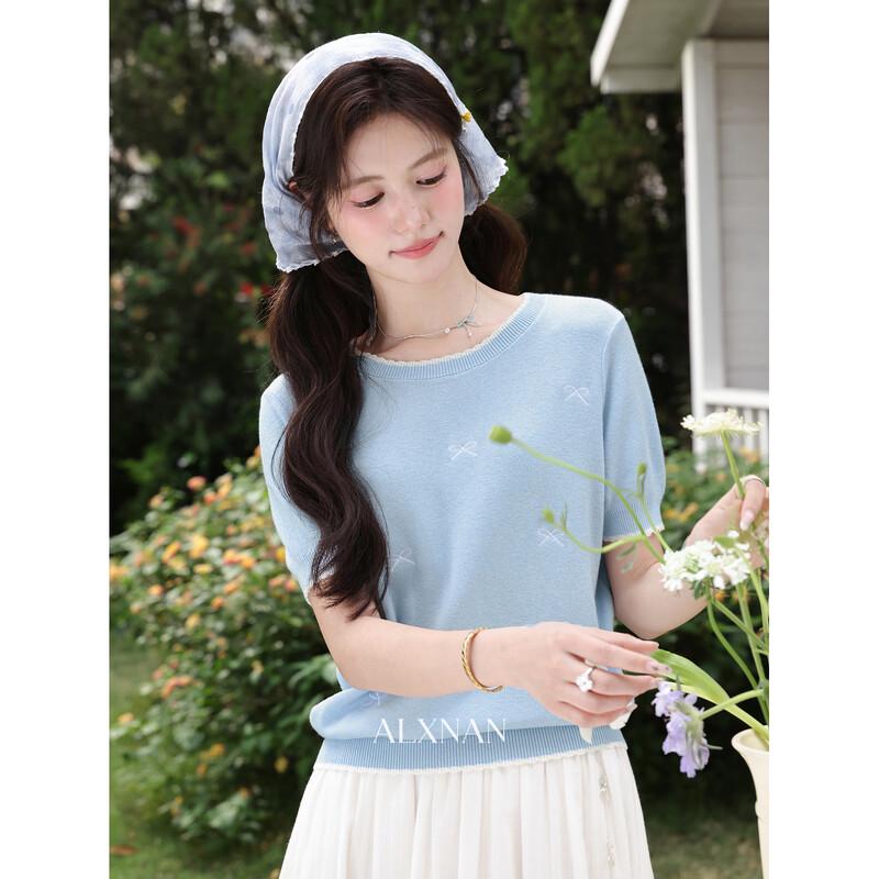 

Women s Gentle Style Blue Knitted Short Sleeve Top M