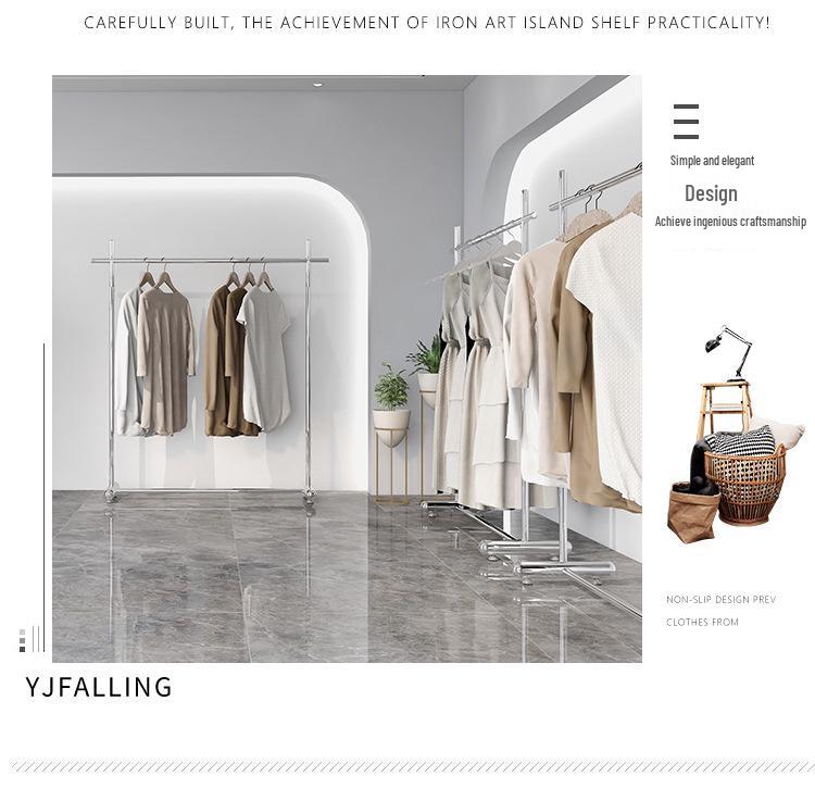 Adjustable Clothing Display Rack with Wheels – Stainless Steel, for Women's and Children's Apparel.