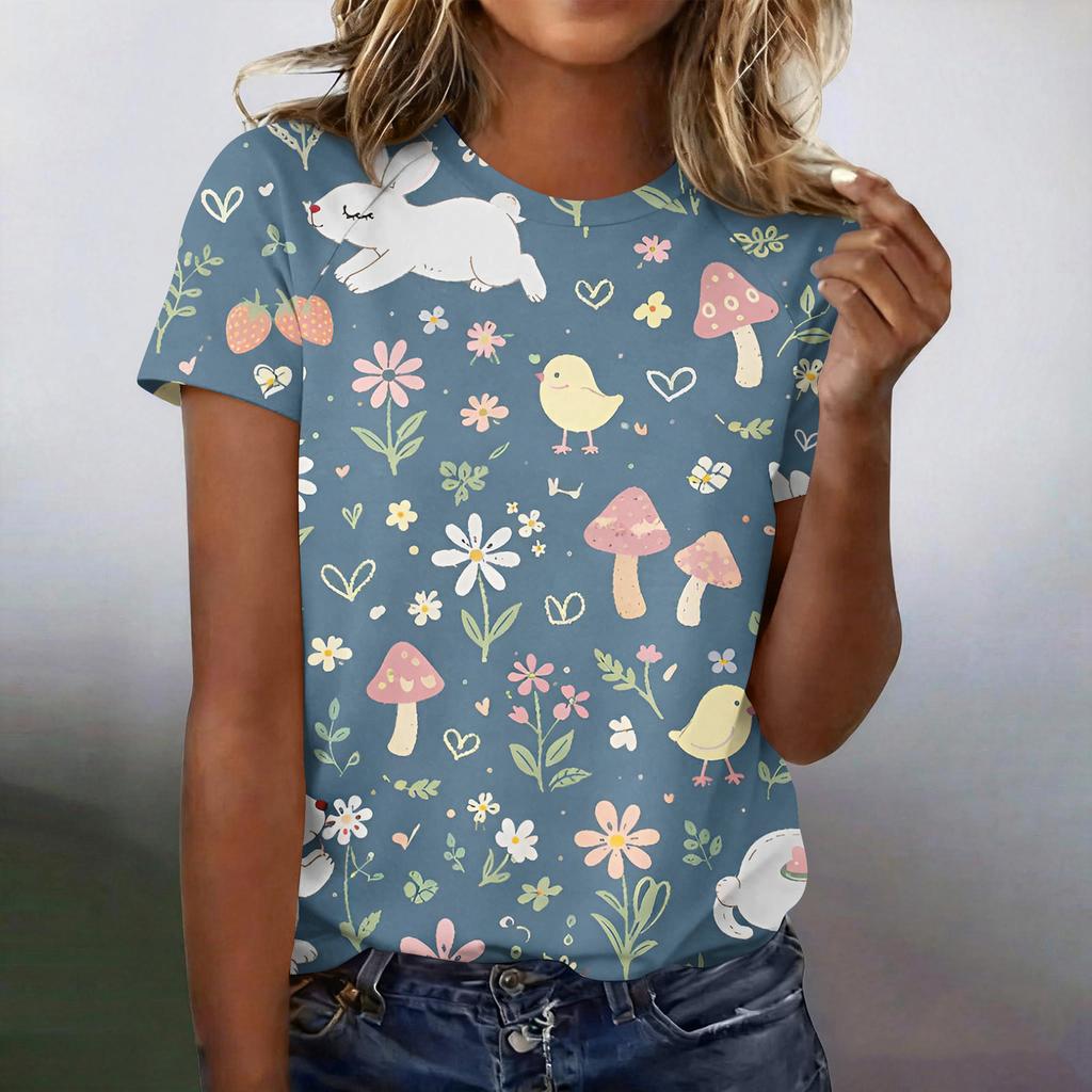 Modieus casual T-shirt met korte mouwen en raglanmouwen voor dames met paasprint.