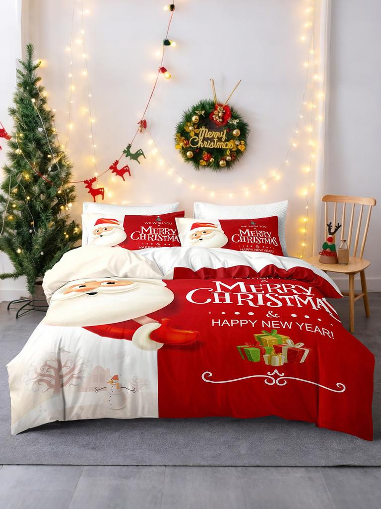 3pcs/set Christmas Reindeer Snowman Bedding Set Includes 1 Duvet Cover And 2 Pillowcases Soft And Skin-Friendly
