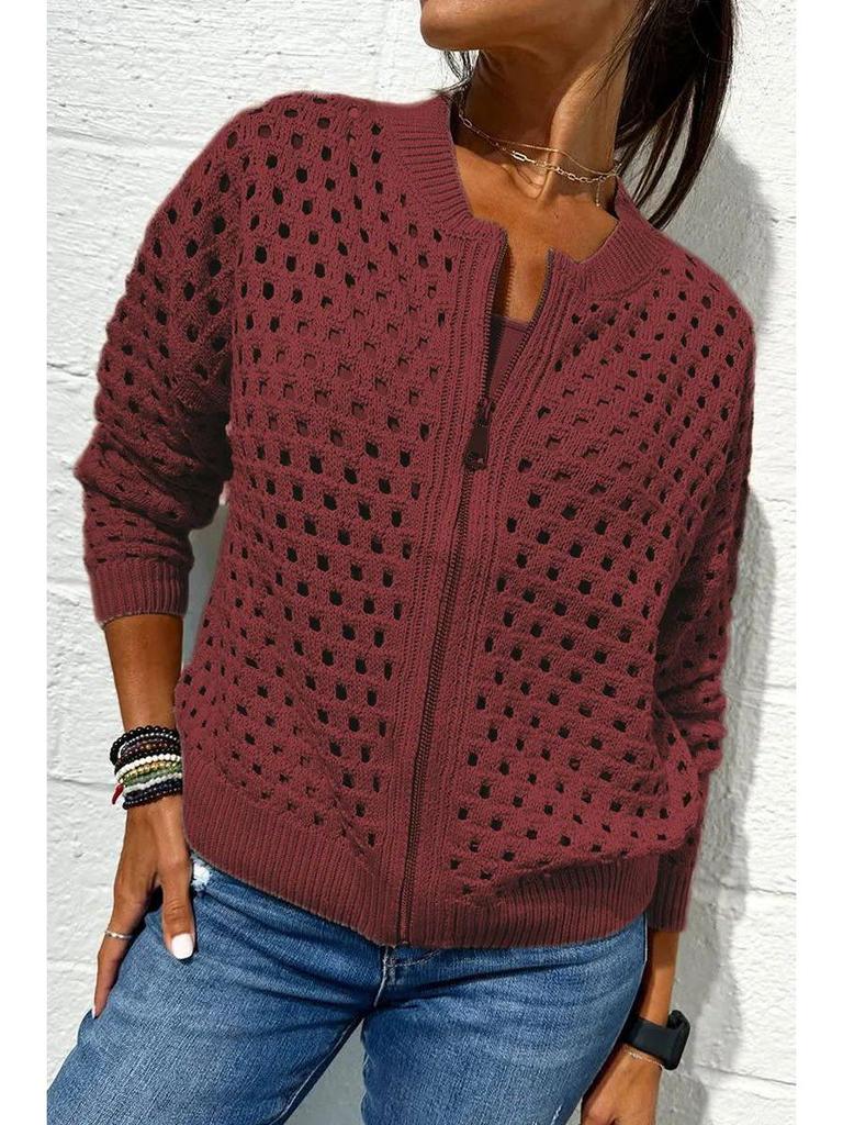 2025 Women's Casual Hollow Knit Zipper Jacket - European and American Style