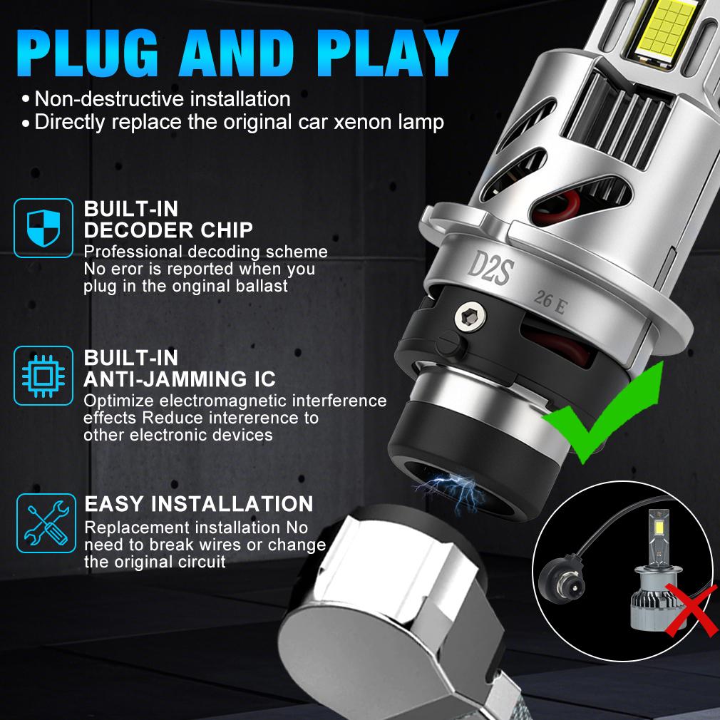 2Pcs 60000Lm D2S Led D4S Car Headlight Bulbs D2R D4R LED Car Light High power 200W 1:1 Plug&Play 30Core CSP Chips Copper Tube Turbo Lamp 6000K White