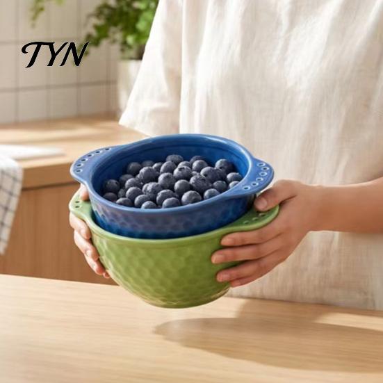 Fruit Vegetable Washer Ceramic Berry Washing Bowl with Drain Holes, Self Spinning Strainer Washer, Swirling Rinsing Colander for