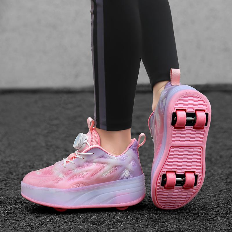 Children's summer walking shoes, featuring a breathable mesh upper, dual wheels, retractable wheels, and a rotating buckle design, suitable for both