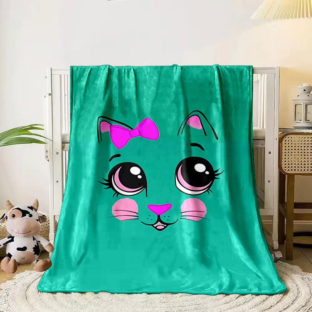 

Cute cat face with large eyes, pink bow, and pastel details on teal. for all seasons blanket lunch break throw gift 80cm x 120cm