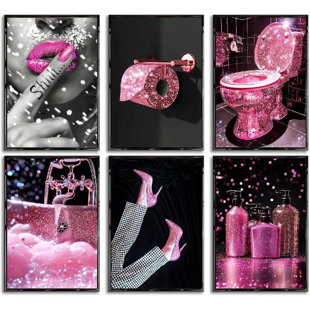 6Pcs Fashion Bathroom Canvas Wall Art Black and Pink Glam Glitter Tissue Funny Modern Women Painting Pictures Wall Decor Poster Print Artwork for