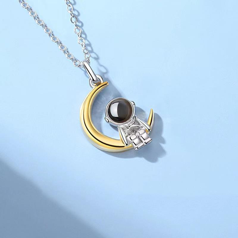S925 Sterling Silver Astronaut & Star Moon Pendant Necklace - Trendy Japanese Korean Style for Women
